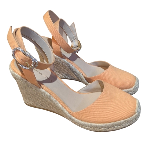 Stuart Weitzman Women's Crystal Buckle Espadrille Wedge Pumps Mango Size 7.5 - Picture 2 of 9